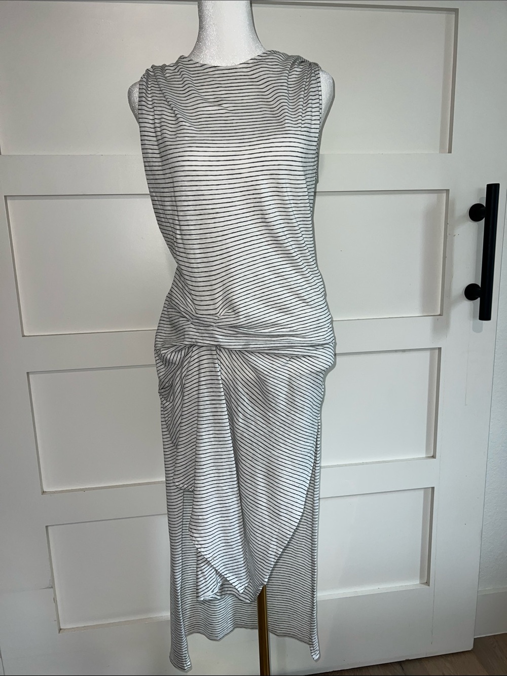 AllSaints White Midi Dress with Black Pinstripes and Front Knot